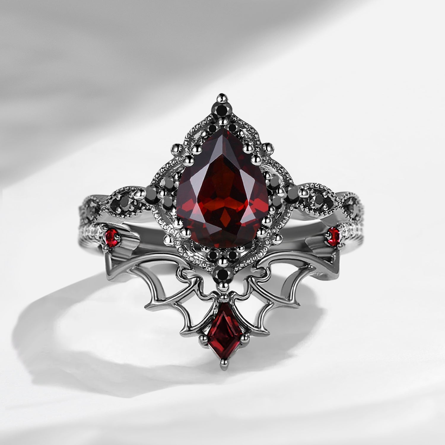 Gothic Inspired 'Dark Romance' Pear Cut Garnet Black Gold Engagement Ring Set 2pcs