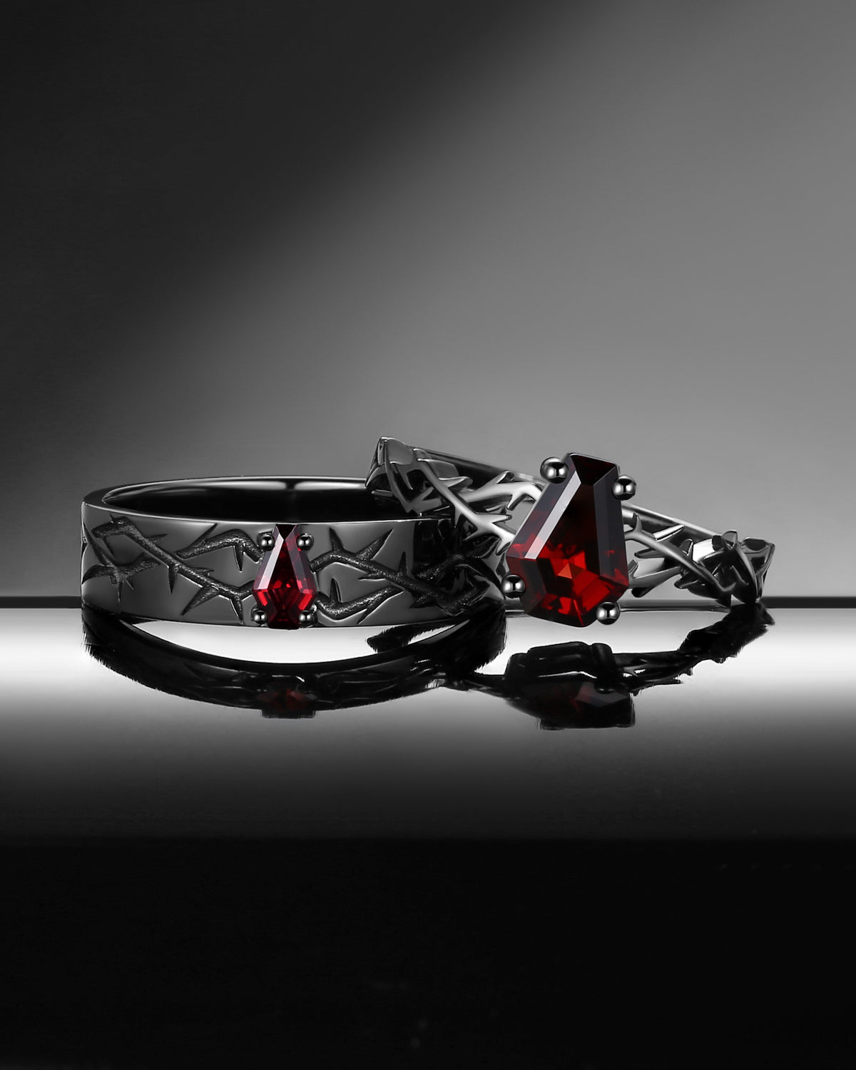 Gothic Inspired 'Thorns & Roses' Coffin Cut Garnet Couple Rings 2pcs
