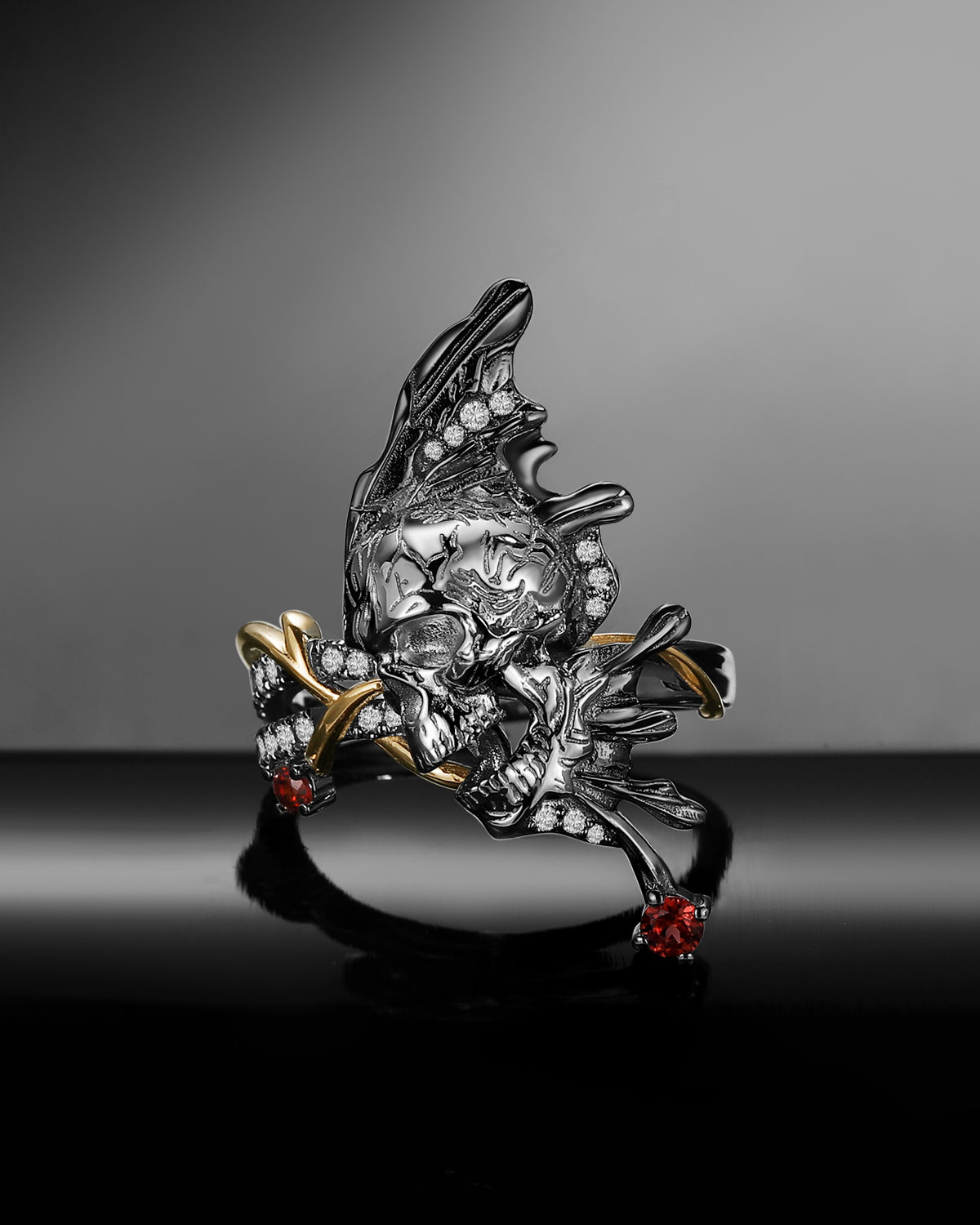 Gothic Inspired Unique Skull & Skeleton Moissanite Two-Toned Halloween Engagement Ring