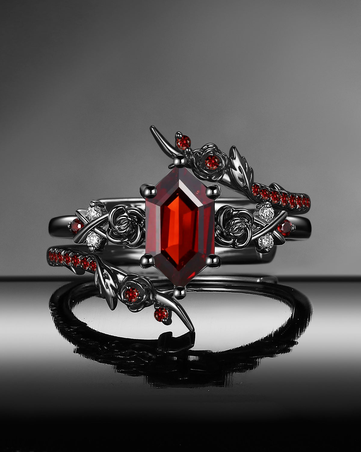 Gothic Long Hexagon Garnet 'Thorns & Roses' Cluster Black Gold Engagement Ring Bridal Set 2pcs