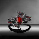 Gothic Long Hexagon Garnet 'Thorns & Roses' Cluster Black Gold Engagement Ring Bridal Set 2pcs