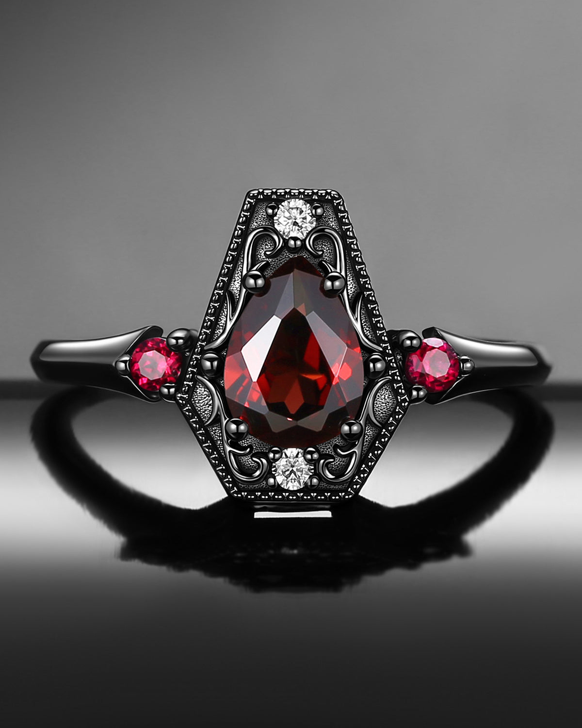 Gothic Pear Cut Garnet Vampire 'Fallen Aegis' Engagement Ring