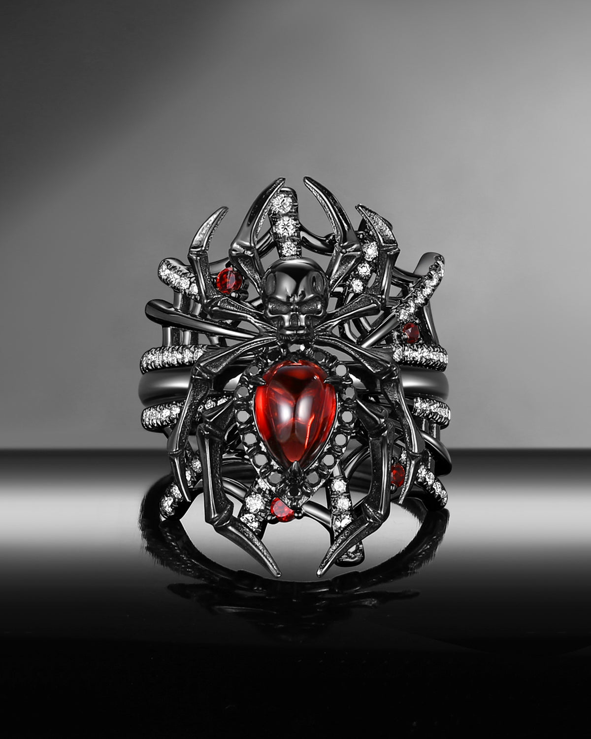 Gothic Pear Shaped Garnet Spider Inspired 'Disturbia Deluxe' Engagement Ring Set 3pcs