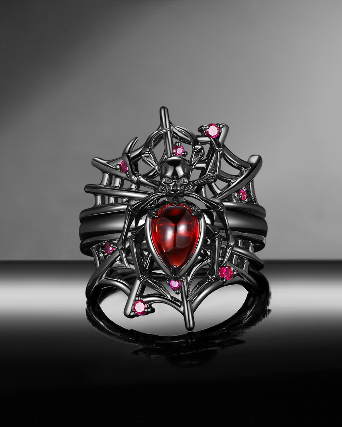 Gothic Pear Shaped Garnet Spider Inspired 'Disturbia' Engagement Ring Set 3pcs