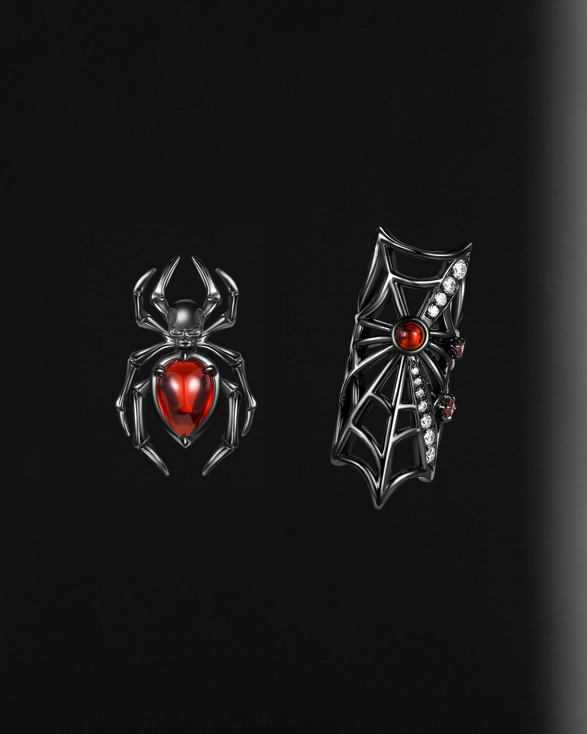 Gothic Spider Web & Spider Skull Pear Shaped Garnet Earrings Halloween Jewelry Gift