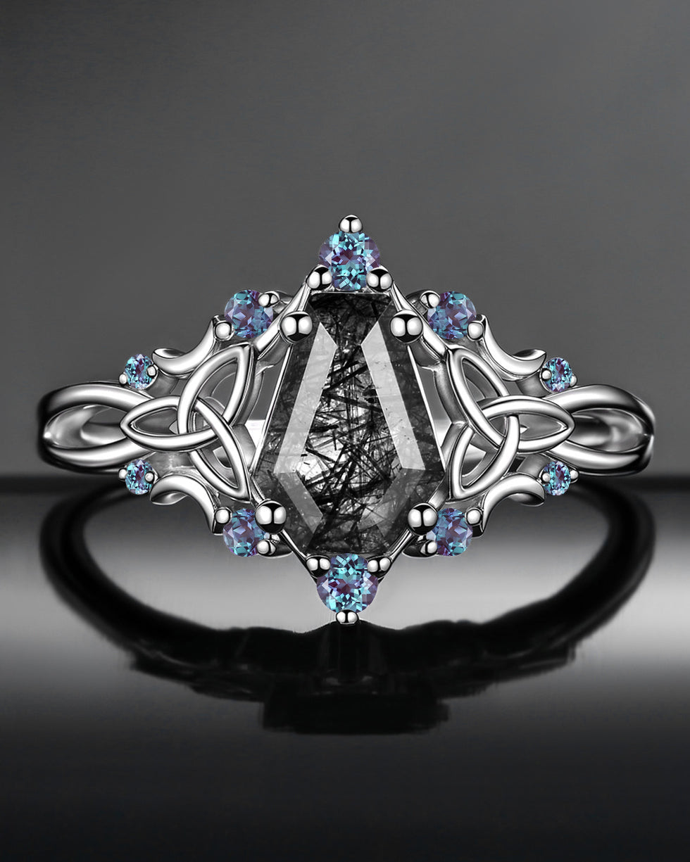 Gothic Style Coffin Black Rutilated Quartz Celtic Moon Engagement Ring