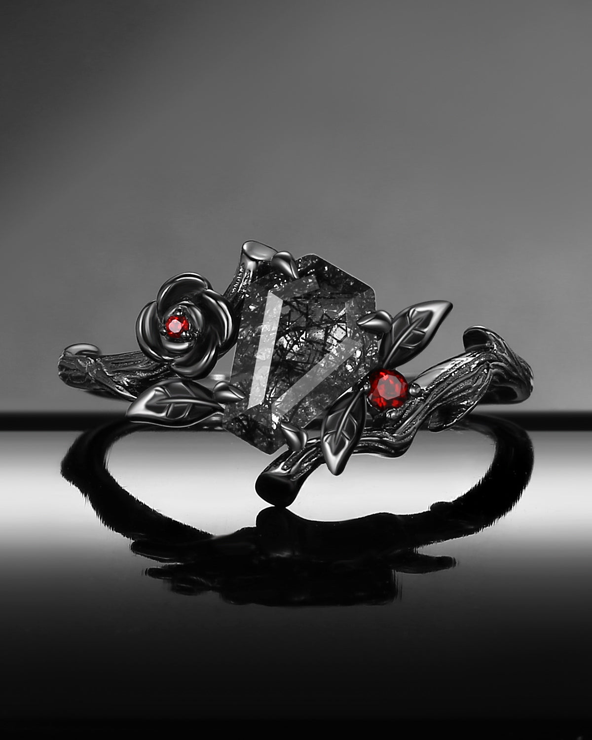 Gothic Style Coffin Cut Black Rutilated Quartz Nature Inspired 'Thorns & Roses' Engagement Ring