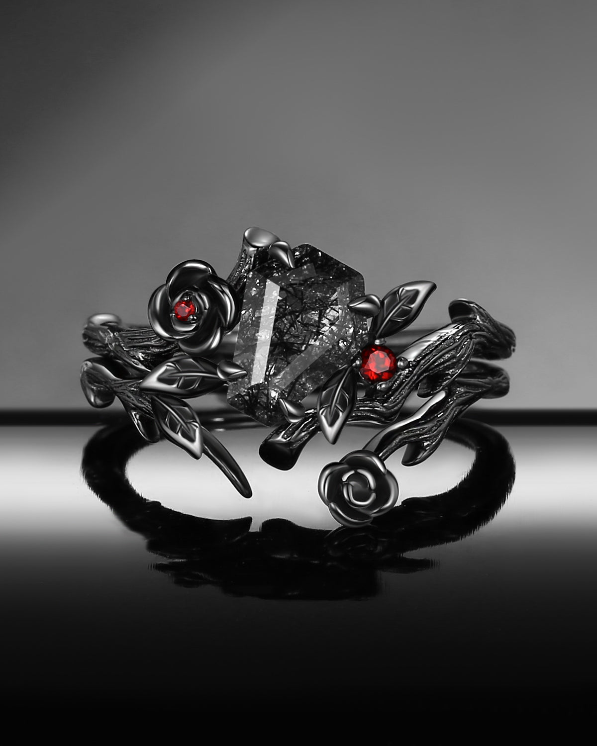 Gothic Style Coffin Cut Black Rutilated Quartz Nature Inspired 'Thorns & Roses' Engagement Ring Bridal Sets 2pcs