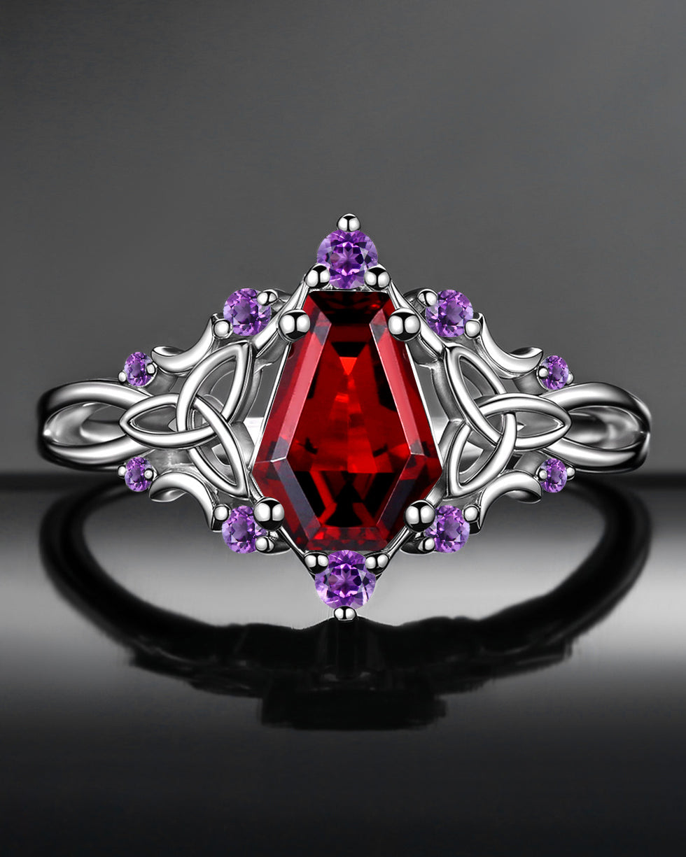 Gothic Style Coffin Cut Garnet Celtic Moon Engagement Ring