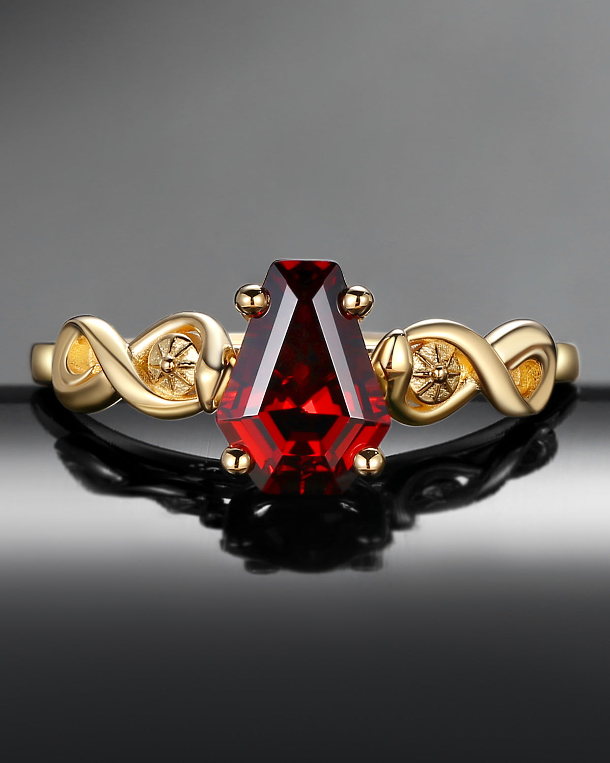 Gothic Style Coffin Cut Garnet Infinity Twist Snake Engagement Ring - Serpent's Embrace