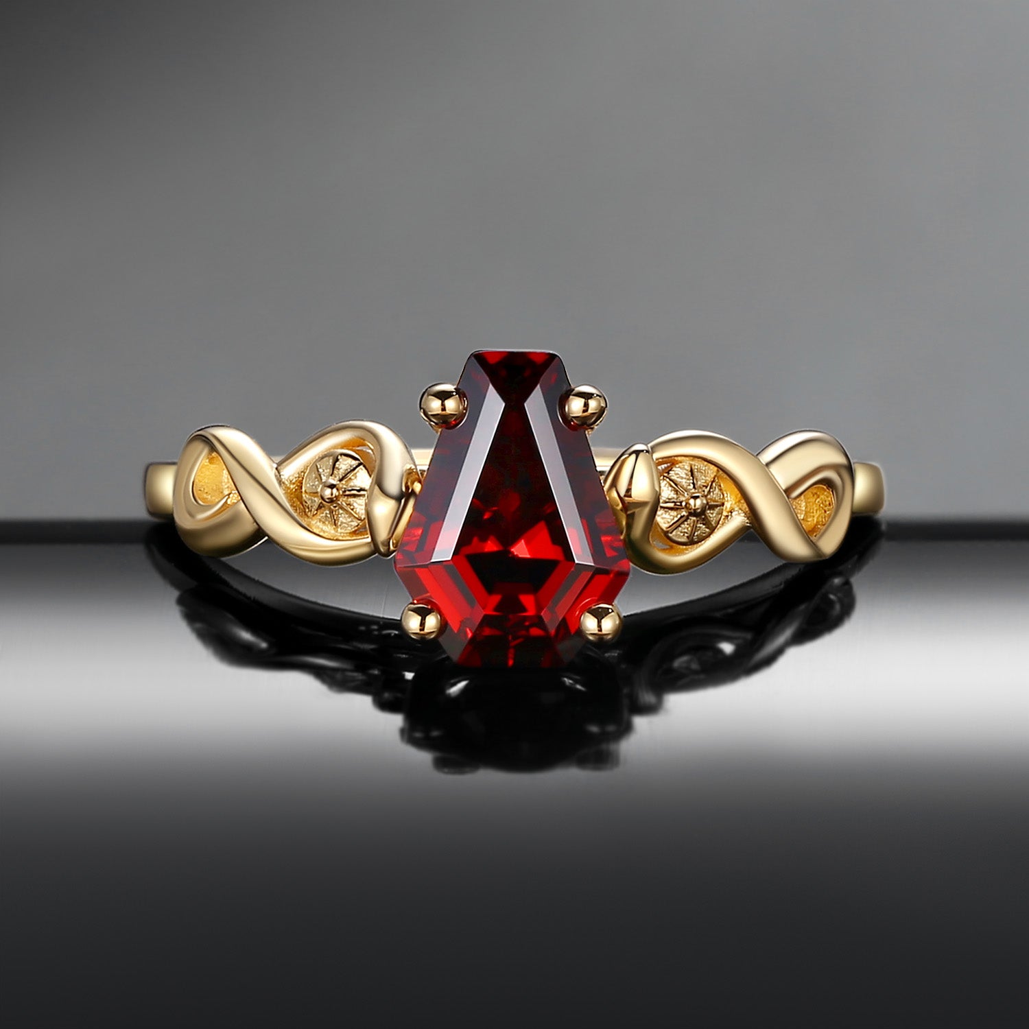 Gothic Style Coffin Cut Garnet Infinity Twist Snake Engagement Ring - Serpent's Embrace