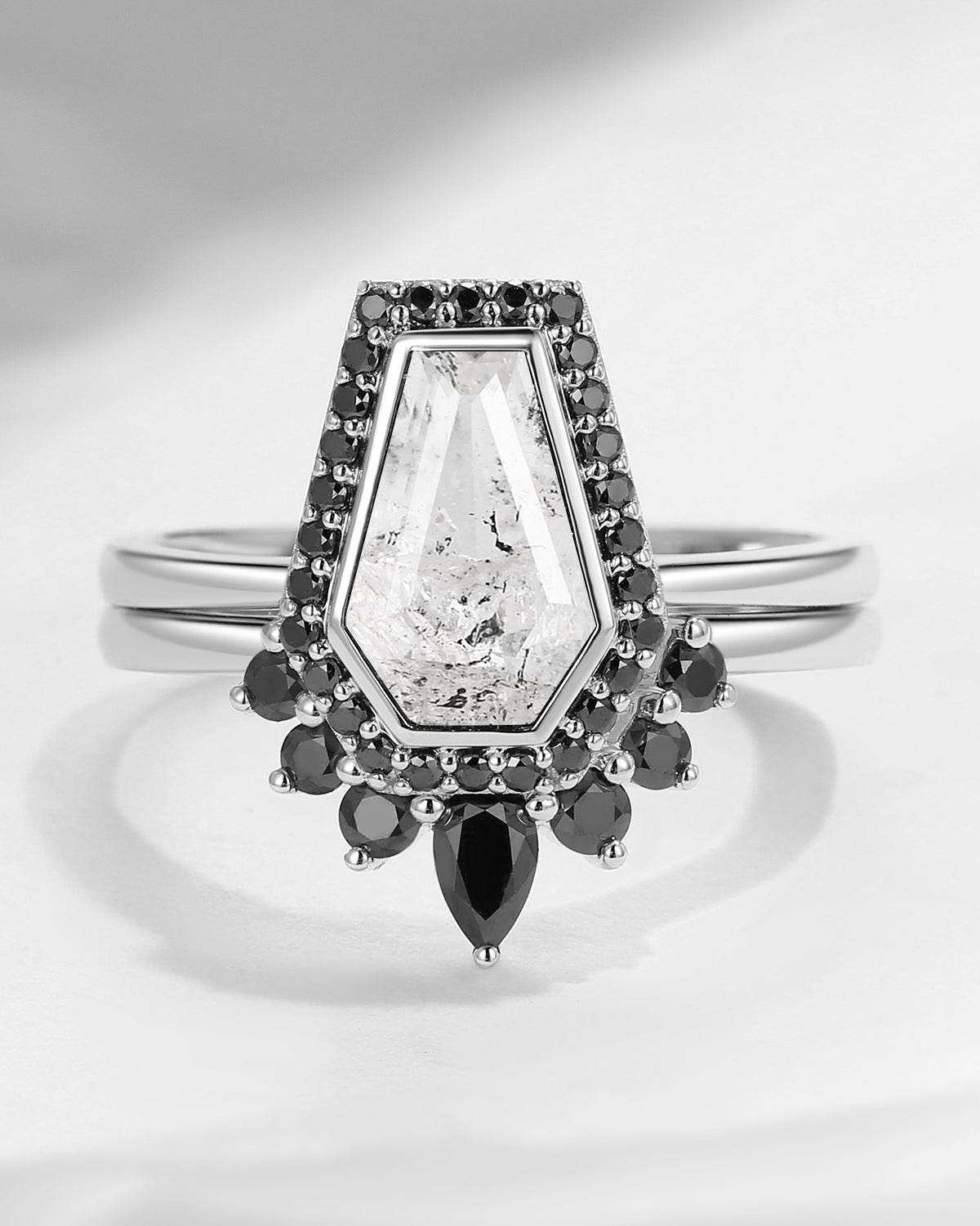 Gothic Style Coffin Cut Herkimer Diamond Engagement Ring Set 2pcs - Goth Girl