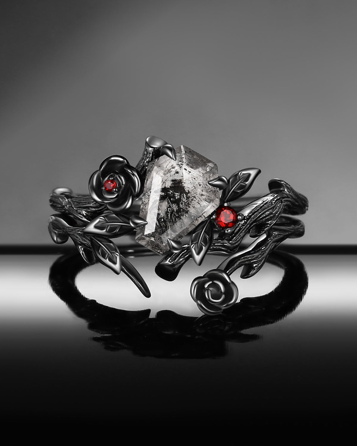 Gothic Style Coffin Cut Herkimer Diamond Nature Inspired 'Thorns & Roses' Engagement Ring Bridal Set 2pcs