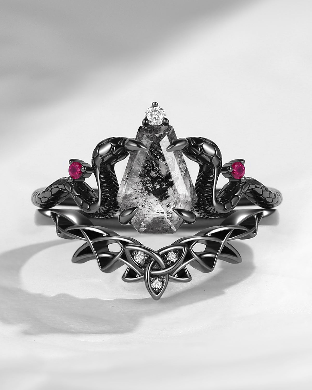 Gothic Style Coffin Herkimer Diamond Celtic Engagement Ring Bridal Set 2pcs - 'Serpent's Embrace'