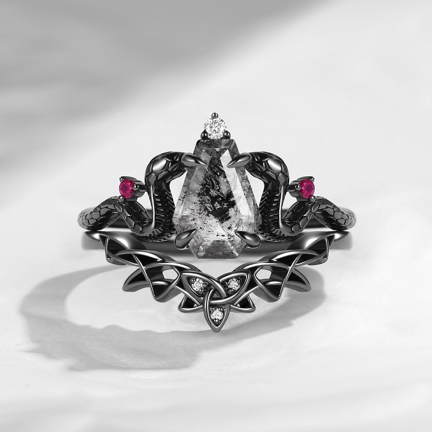 Gothic Style Coffin Herkimer Diamond Celtic Engagement Ring Bridal Set 2pcs - 'Serpent's Embrace'