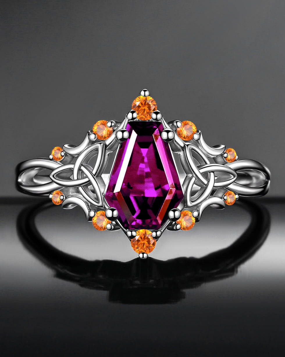 Gothic Style Coffin Purple Garnet Celtic Moon Engagement Ring