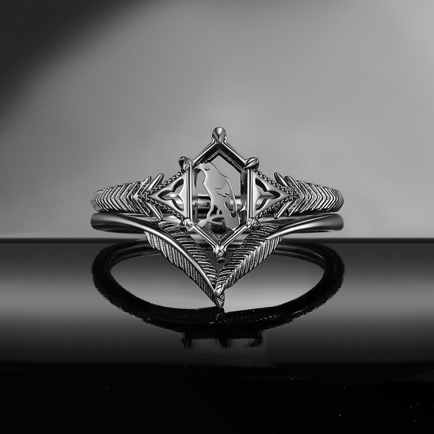 Gothic Style Crow Inspired 'Caged Bird' Moissanite Engagement Ring Halloween Jewelry Bridal Sets 2pcs