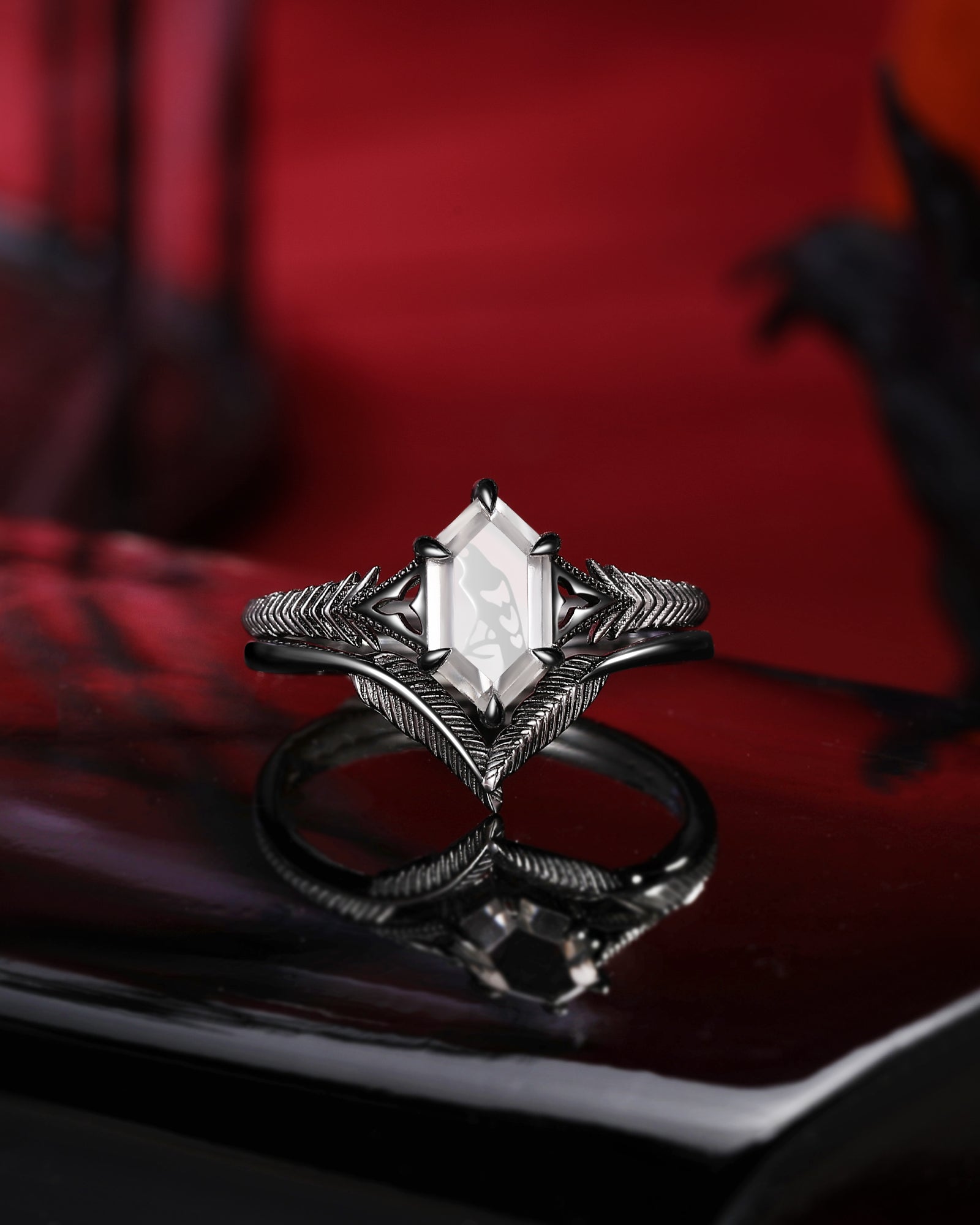 Gothic Style Dark Crow Inspired 'Caged Bird' Long Hexagon Cut Moissanite Halloween Engagement Ring Bridal Sets 2pcs