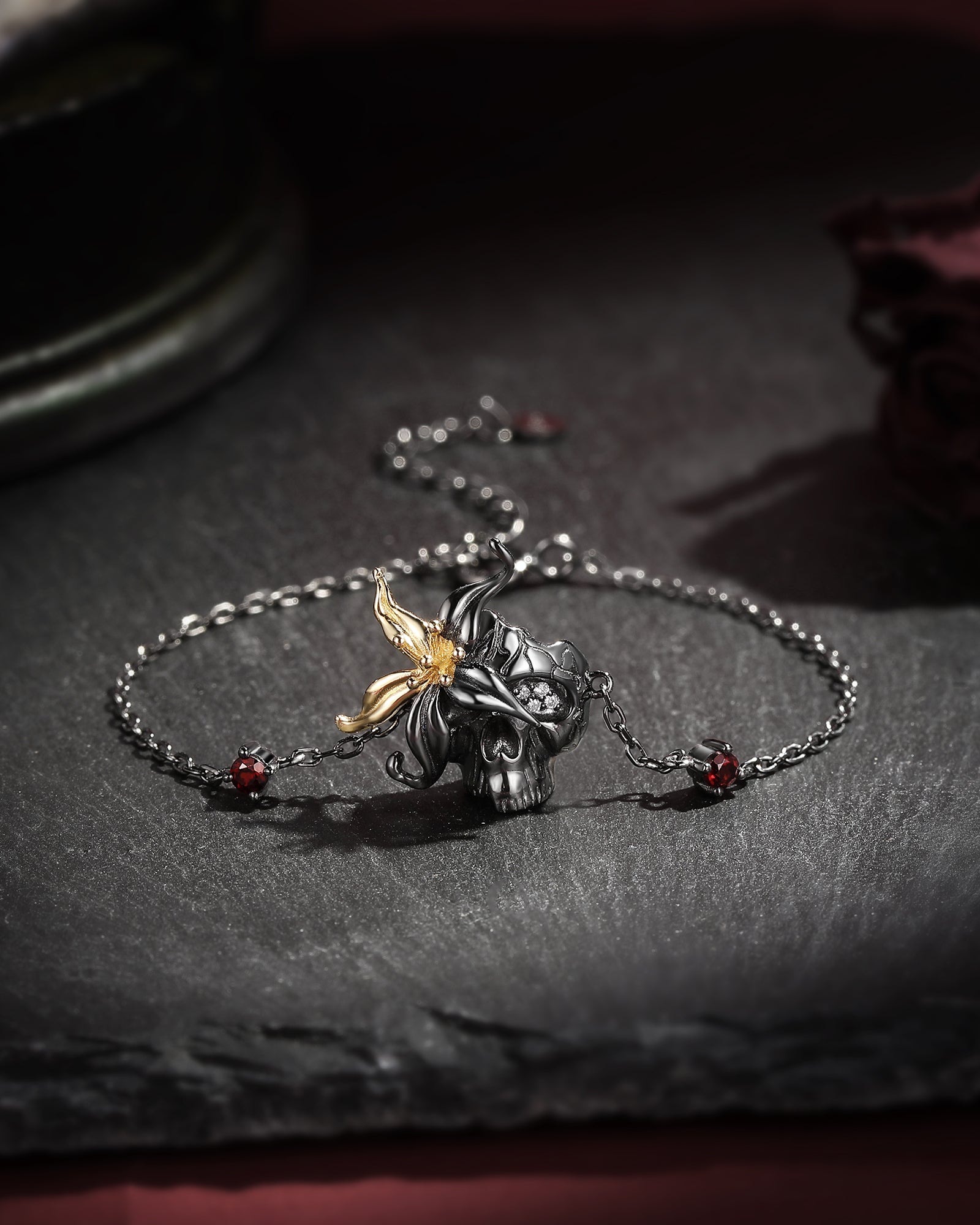 Gothic Style Flower Inspired Skull & Skeleton Two-Toned Halloween Bracelet