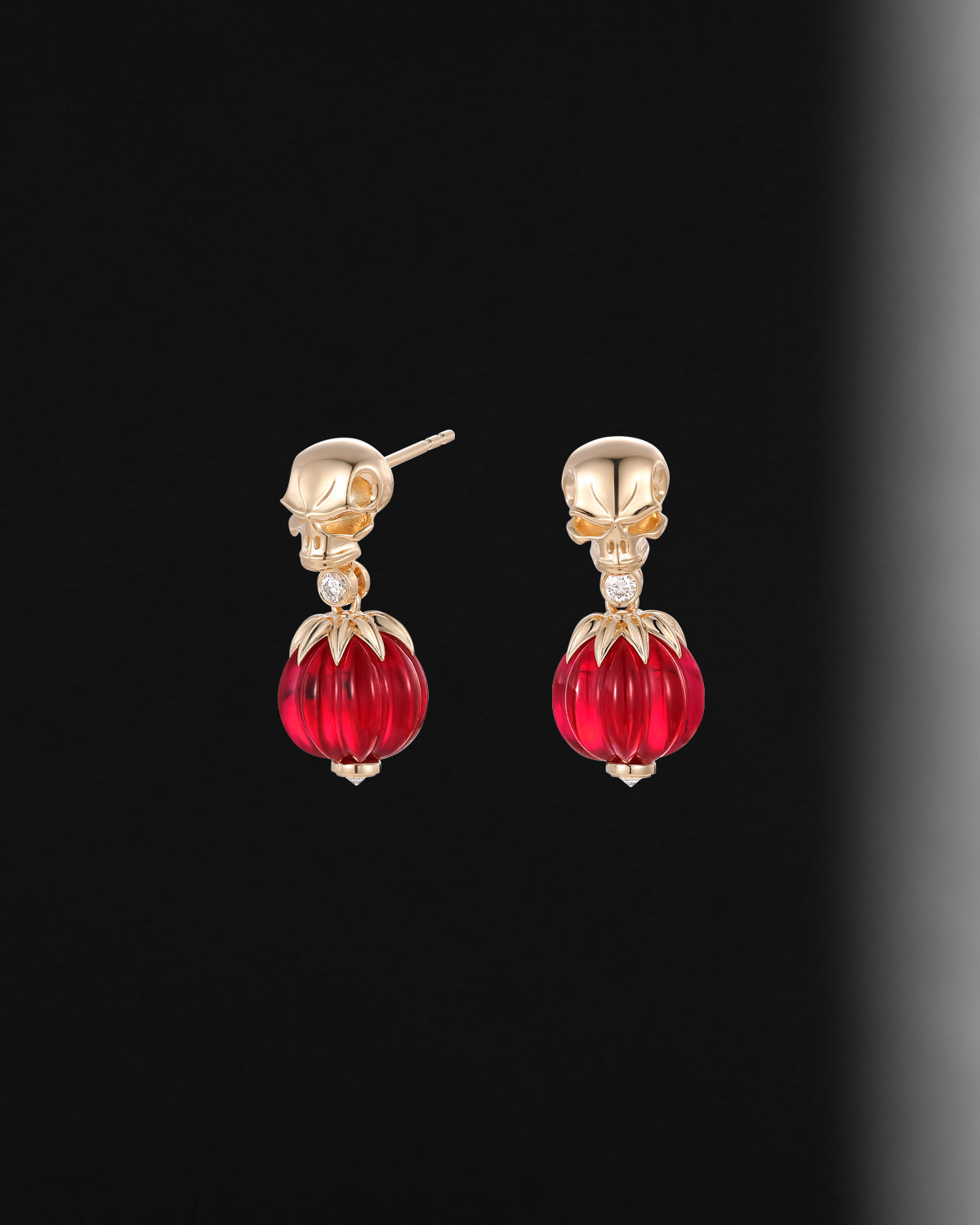 Gothic Style Lab Ruby Skull & Pumpkin Shaped Gemstone Stud Earrings Halloween Jewelry