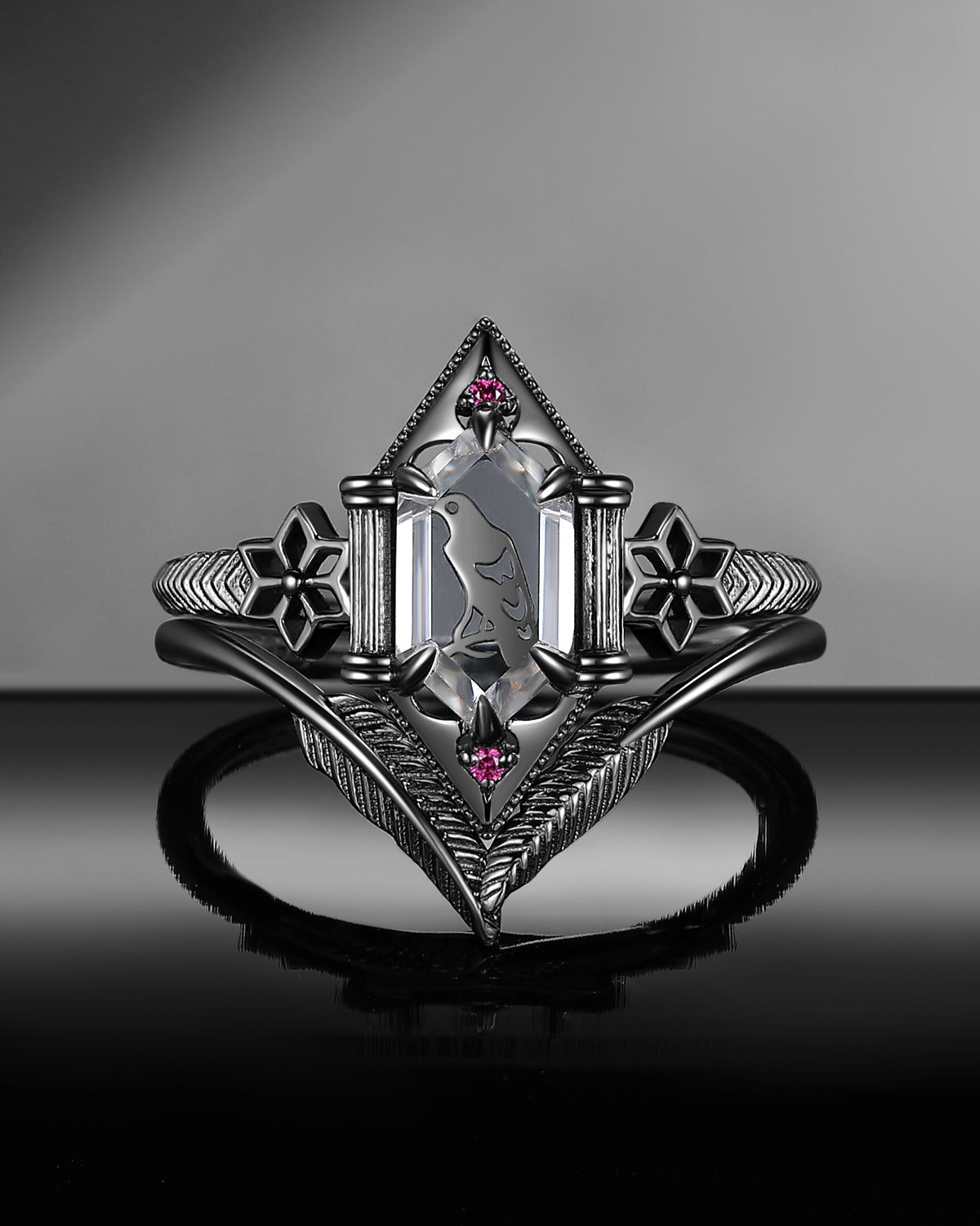 Gothic Style Long Hexagon Cut Moissanite Crow Inspired 'Caged Bird' Engagement Ring Halloween Bridal Sets 2pcs