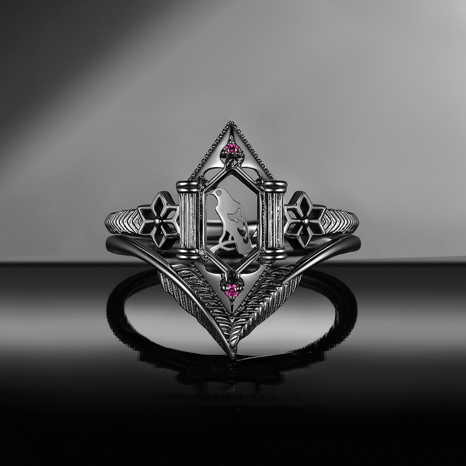 Gothic Style Moissanite Crow Inspired 'Caged Bird' Engagement Ring Halloween Gift Bridal Sets 2pcs
