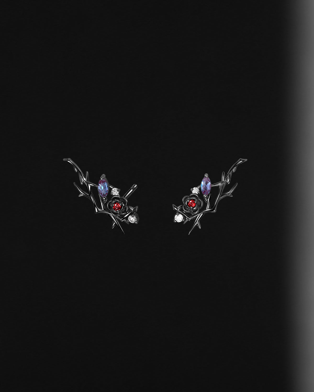 Gothic Style Nature Inspired 'Thorns & Roses' Garnet Flower Halloween Stud Earrings