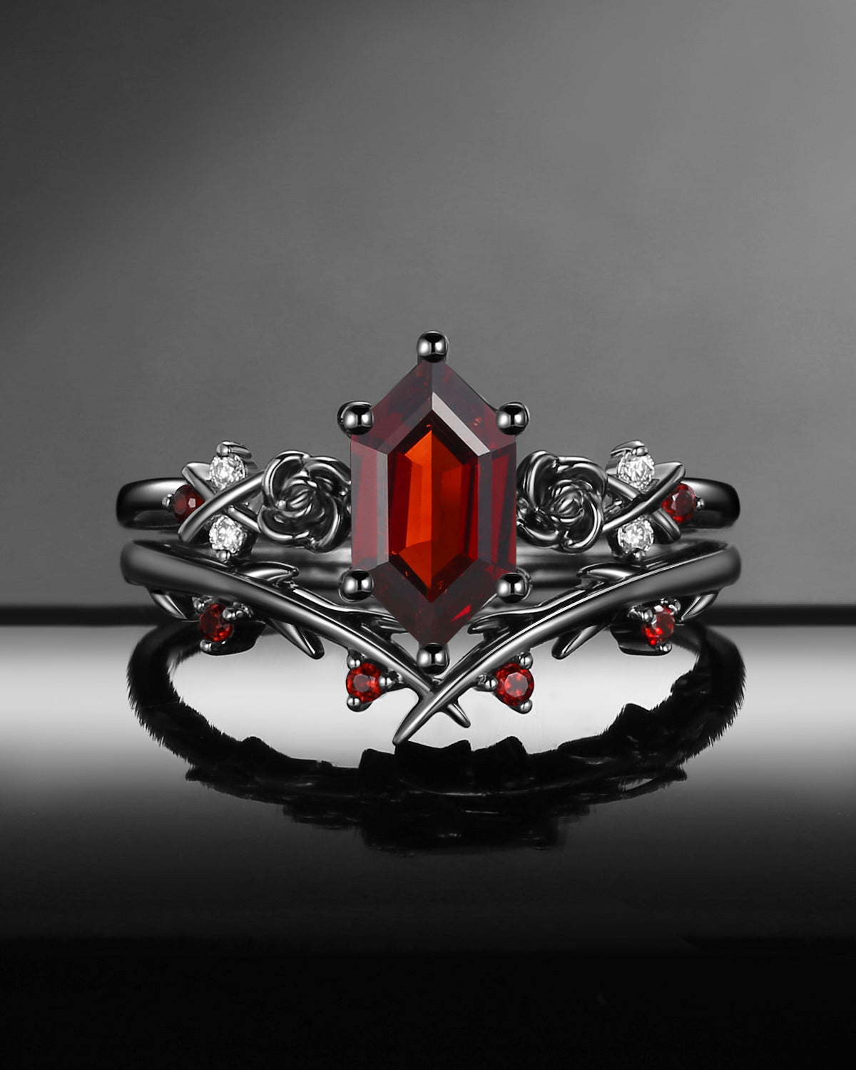 Gothic Style Nature Inspired 'Thorns & Roses' Long Hexagon Garnet Engagement Ring Set 2pcs