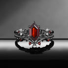 Gothic Style Nature Inspired 'Thorns & Roses' Long Hexagon Garnet Engagement Ring Set 2pcs
