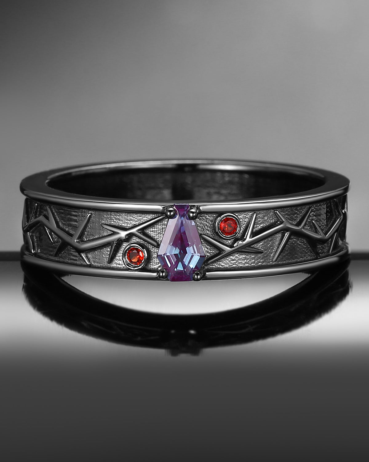 Gothic Style 'Thorns & Roses' Nature Inspired Coffin Cut Lab Alexandrite Filigree Wedding Band