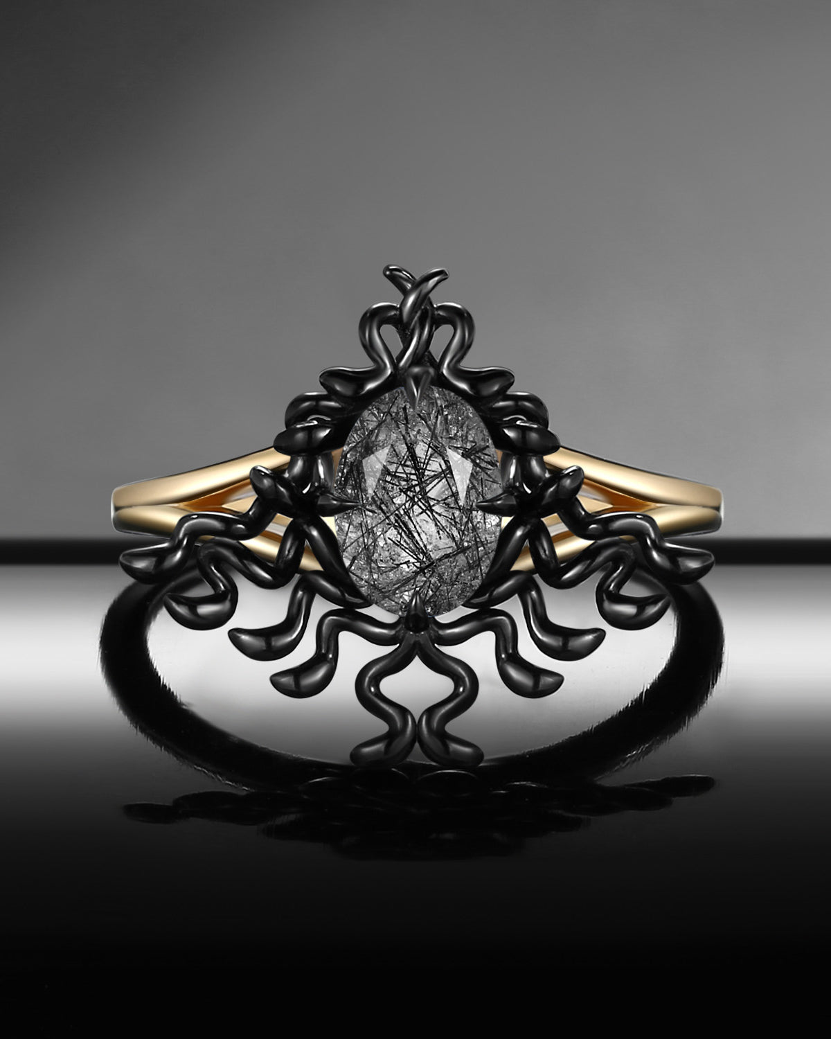 Gothic Style Unique Snake Inspired Oval Cut Black Rutilated Quartz Engagement Ring