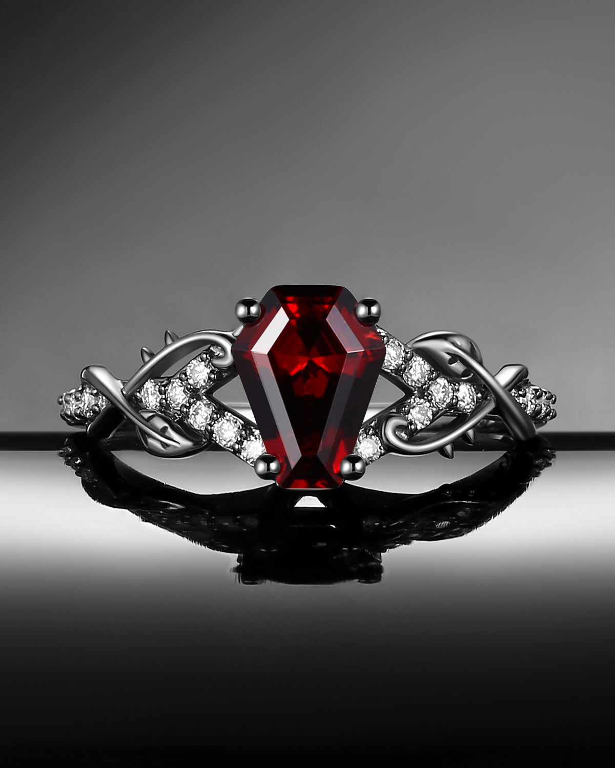 Gothic 'Thorns & Roses' Coffin Shaped Garnet Nature Inspired Split Engagement Ring