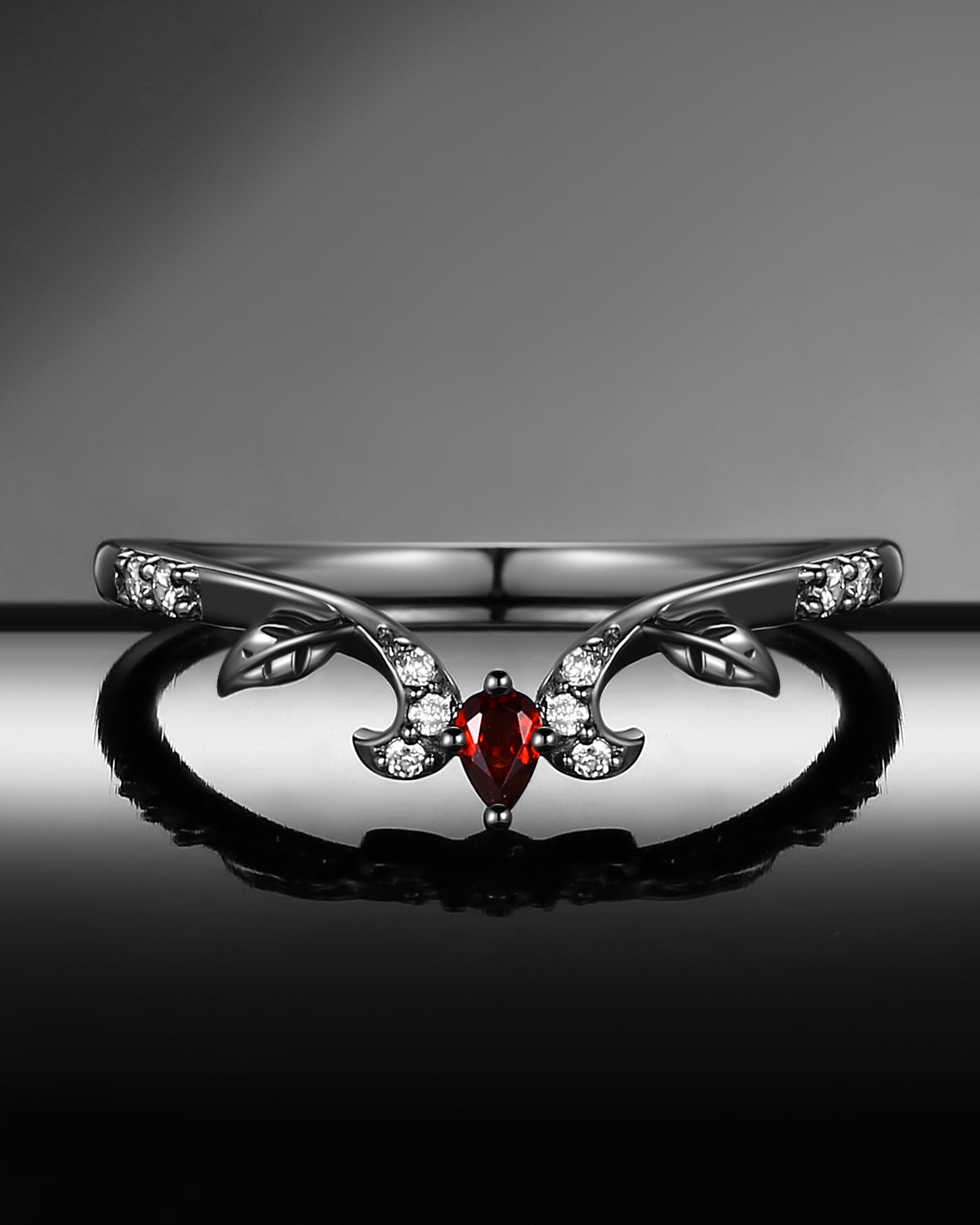 Gothic 'Thorns & Roses' Pear Cut Garnet Nature Inspired Wedding Band