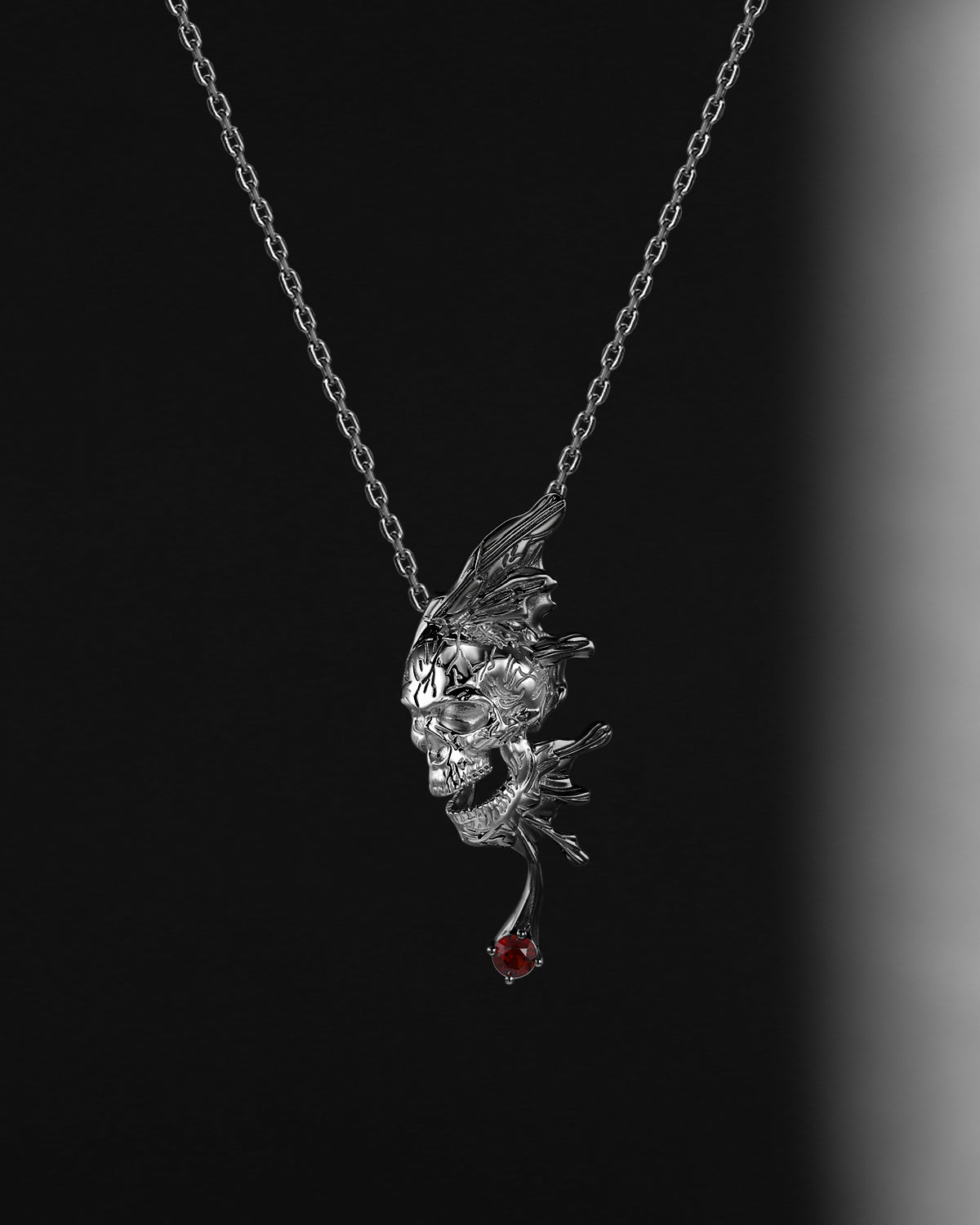 Halloween Skull & Skeleton Garnet Gothic Half Butterfly Inspired Pendant Necklace