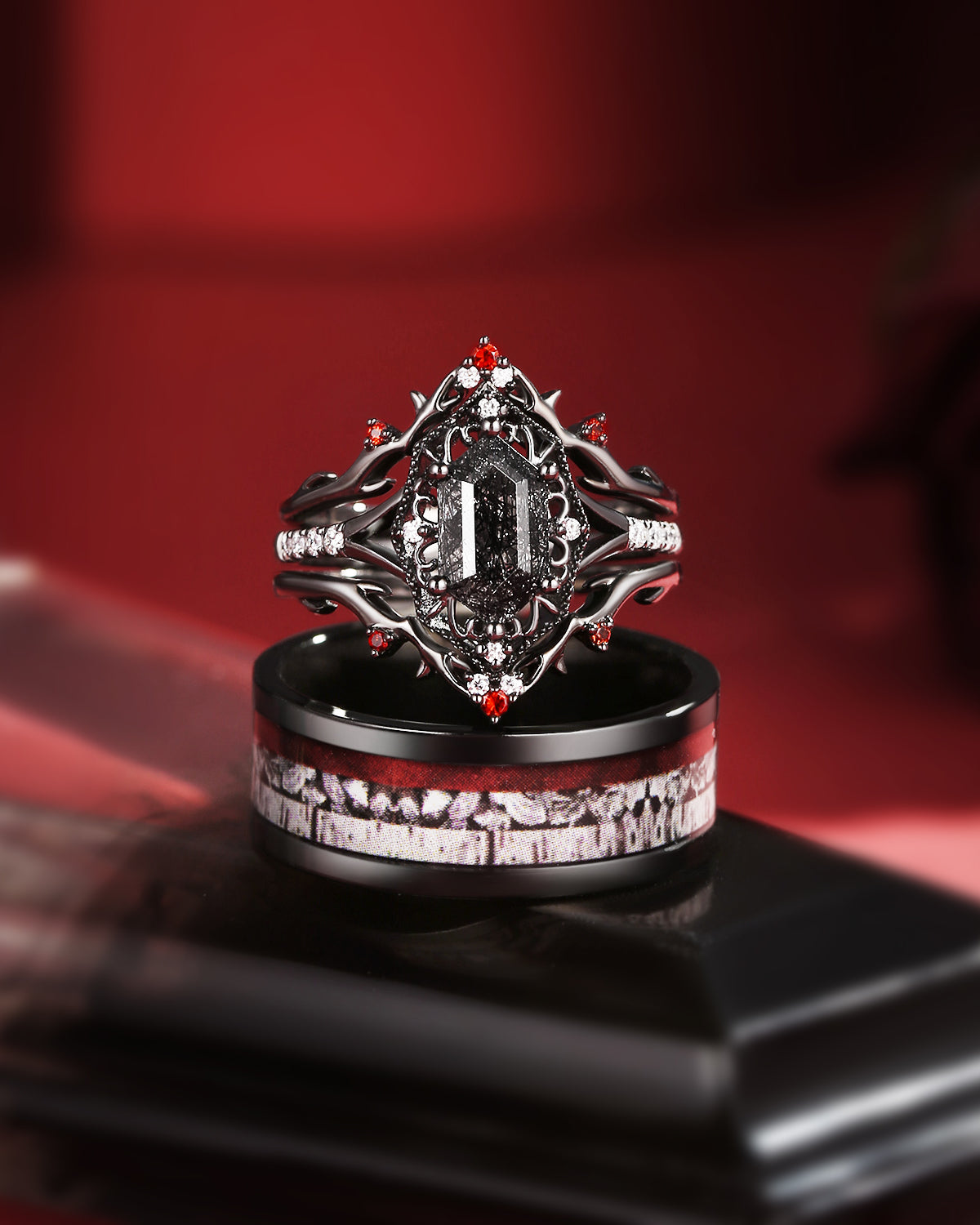 Hexagon Cut Black Rutilated Quartz 'Fallen Aegis' Ring & Mosaic Electroplated Couple Bridal Ring Set