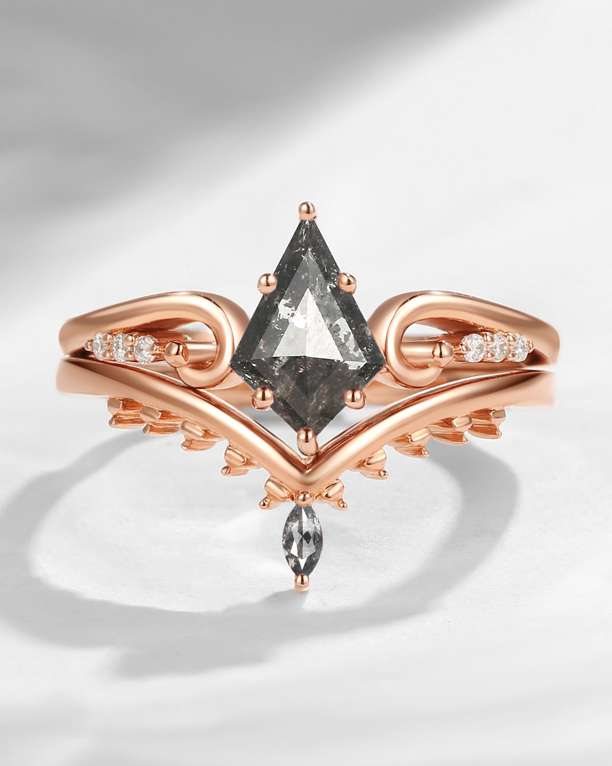 Art Deco Kite Cut Natural Salt And Pepper Diamond Ring Set 2pcs