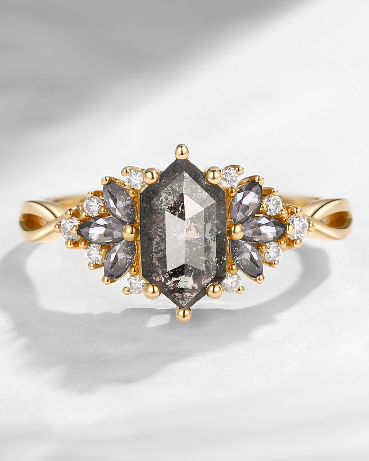 Cluster Long Hexagon Salt and Pepper Diamond Art Deco Engagement Ring