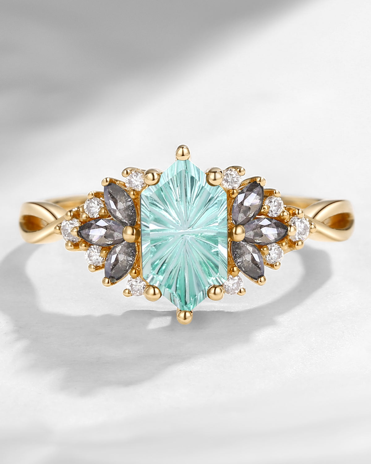 Cluster Long Hexagon Firework Cut Lab Mint Sapphire Twist Engagement Ring