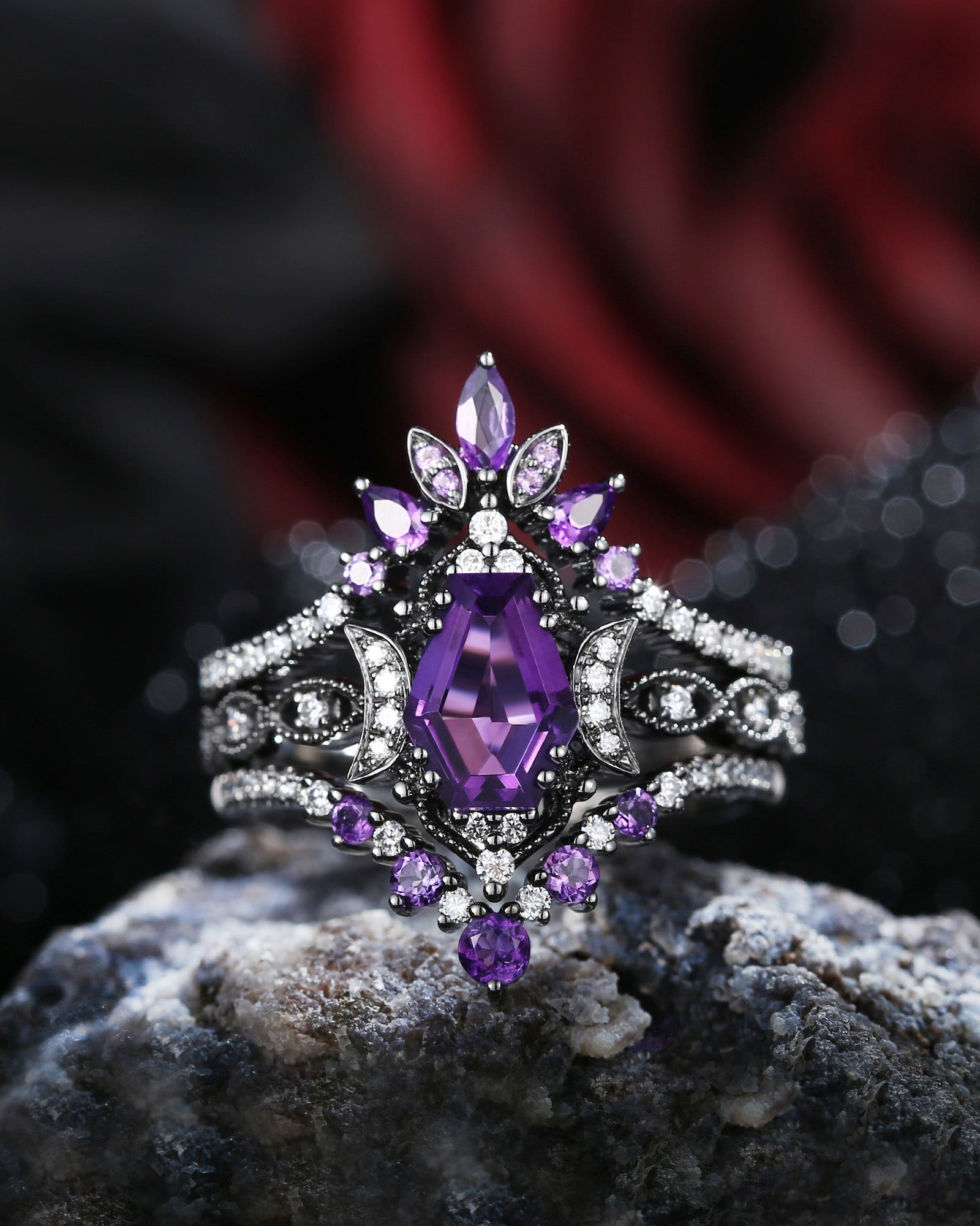 Crescent Moon | Coffin Cut Natural Amethyst Black Gold Ring Set 3pcs