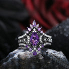 Crescent Moon | Coffin Cut Natural Amethyst Black Gold Ring Set 3pcs