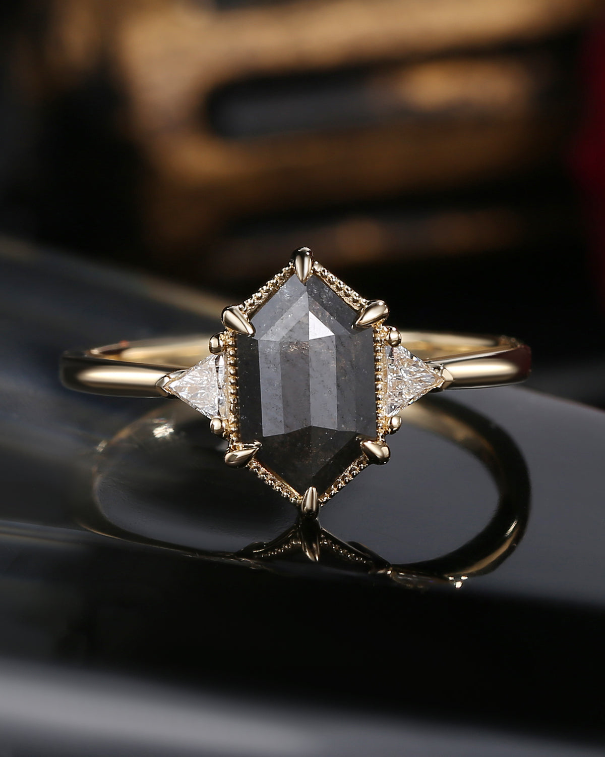 Long Hexagon Salt and Pepper Geometric Three-Stone Engagement Ring