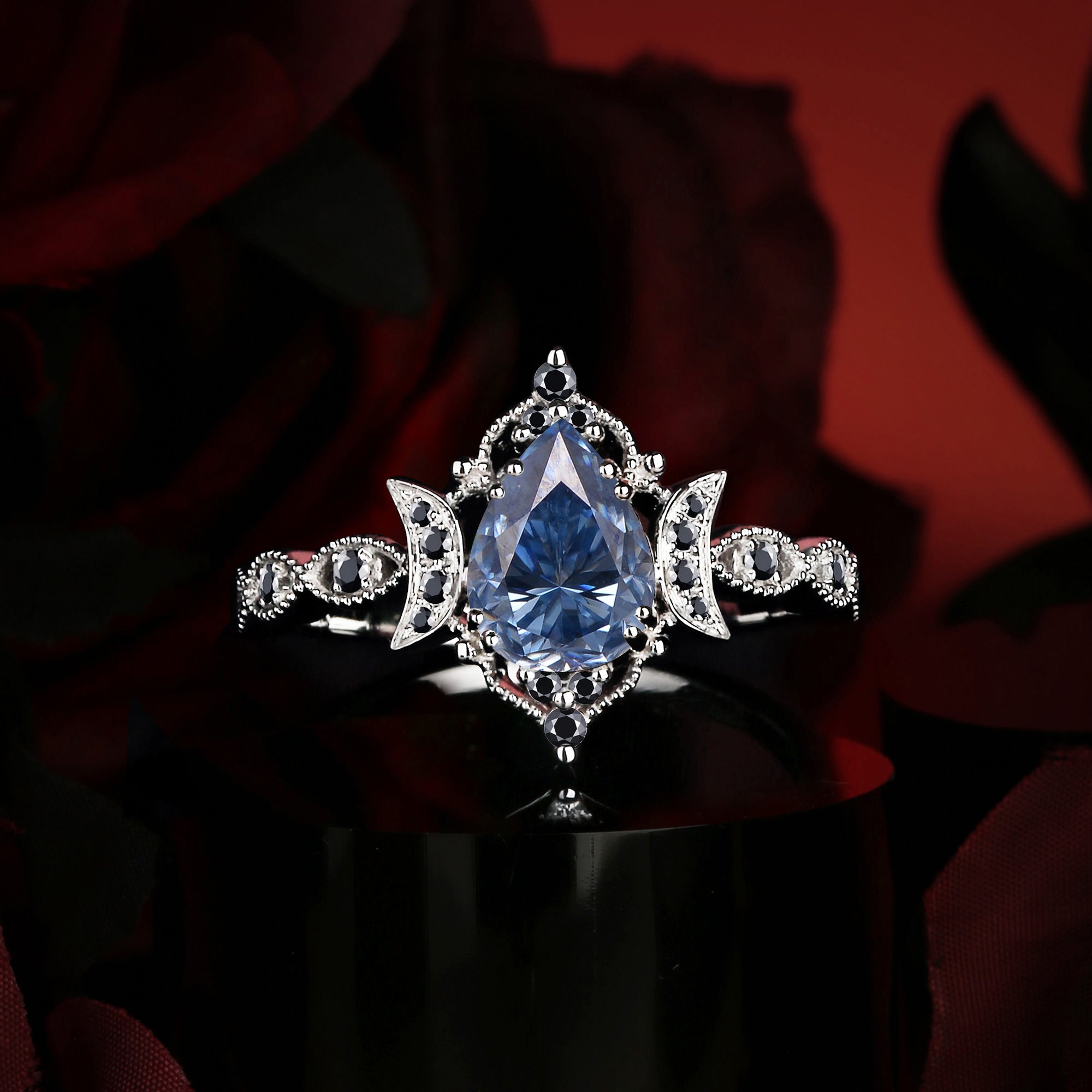 Crescent Moon | Unique Blue Moissanite Engagement Ring In Pear Shape - Eclipse