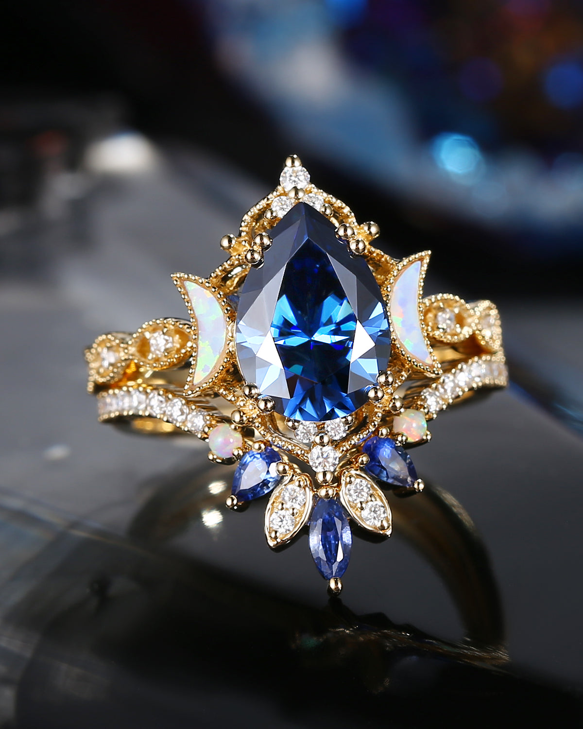 Crescent Moon | Pear Cut Royal Blue Moissanite 'Ultra Galaxy' Engagement Ring Set 2pcs