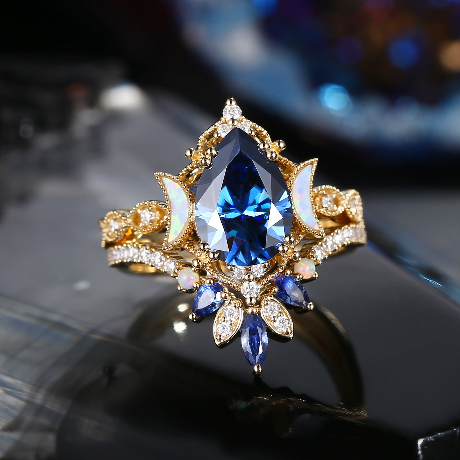Crescent Moon | Pear Cut Royal Blue Moissanite 'Ultra Galaxy' Engagement Ring Set 2pcs