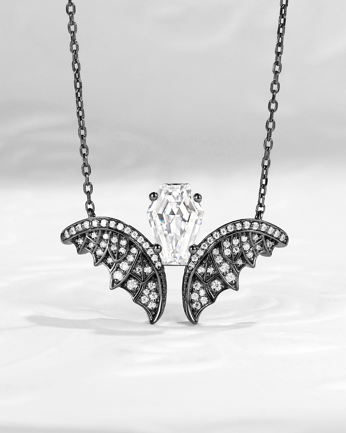 Coffin Moissanite Bat Inspired Black Gold Necklace