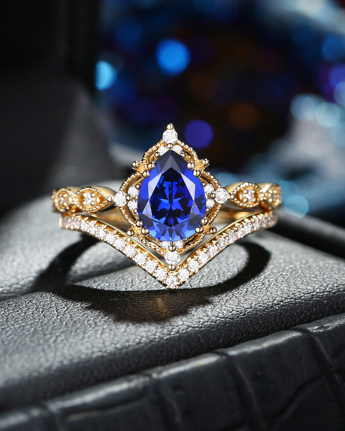 1.5ct Pear Shaped Lab Sapphire Engagement Ring Set 2pcs - Evelyn