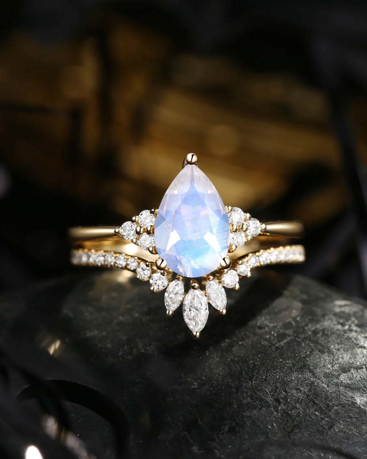 Pear Shaped Classic Cluster Moonstone Engagement Ring Set 2pcs - Vivian