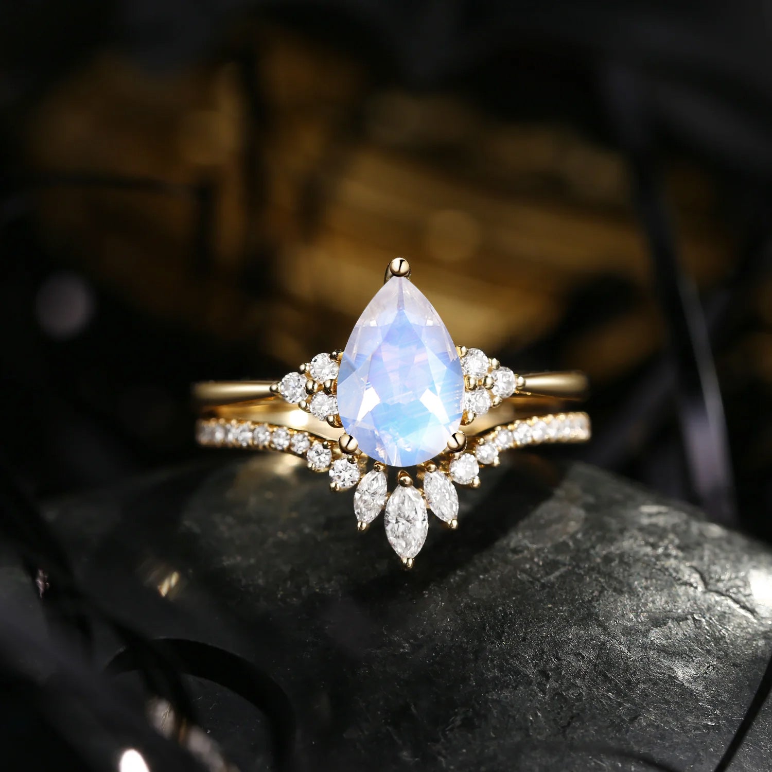 Pear Shaped Classic Cluster Moonstone Engagement Ring Set 2pcs - Vivian