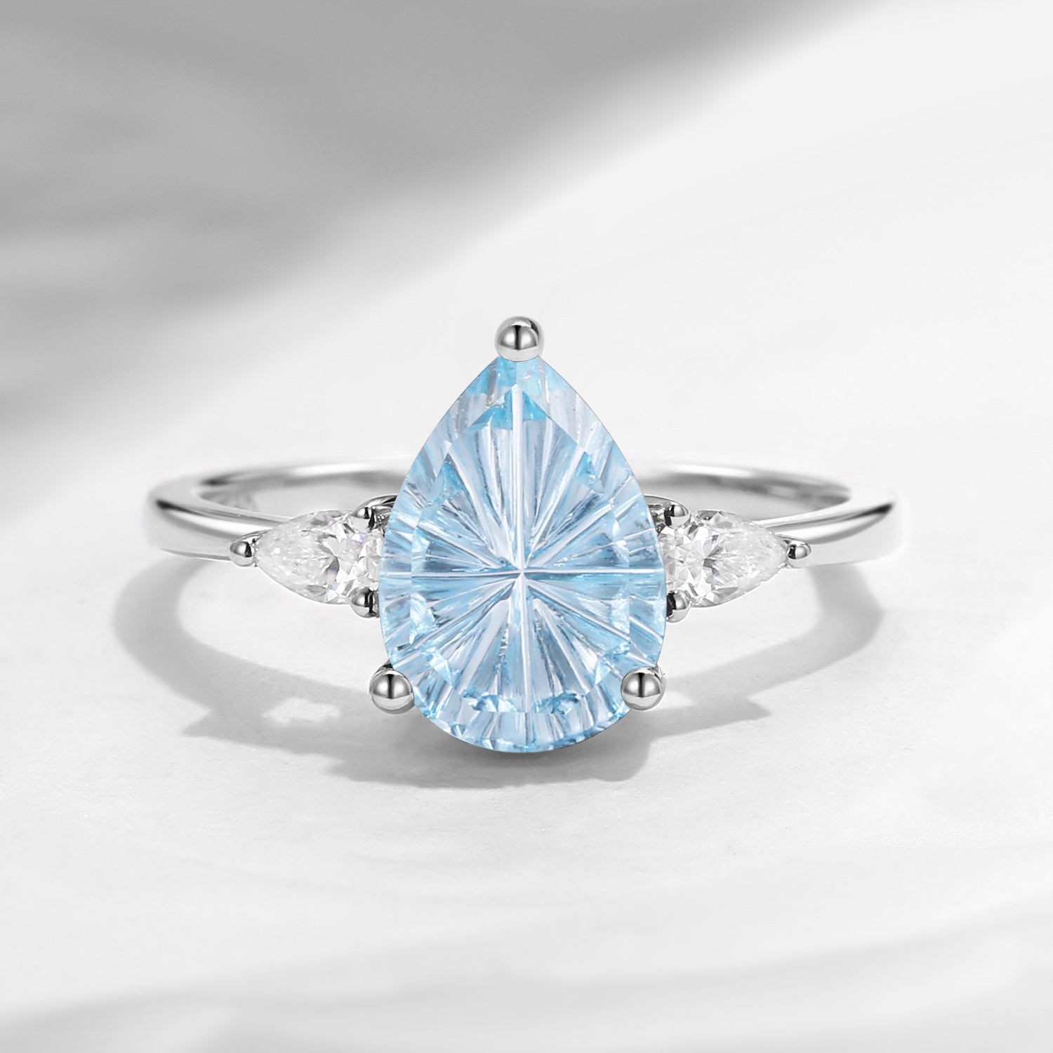 Classic Fantasy Cut Pear Natural Aquamarine Three Stone Engagement Ring