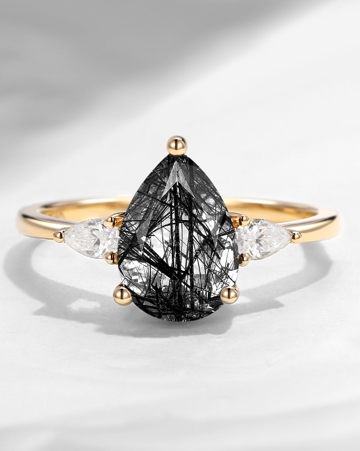 Pear Shaped Black Rutilated Quartz Three Stone Engagement Ring